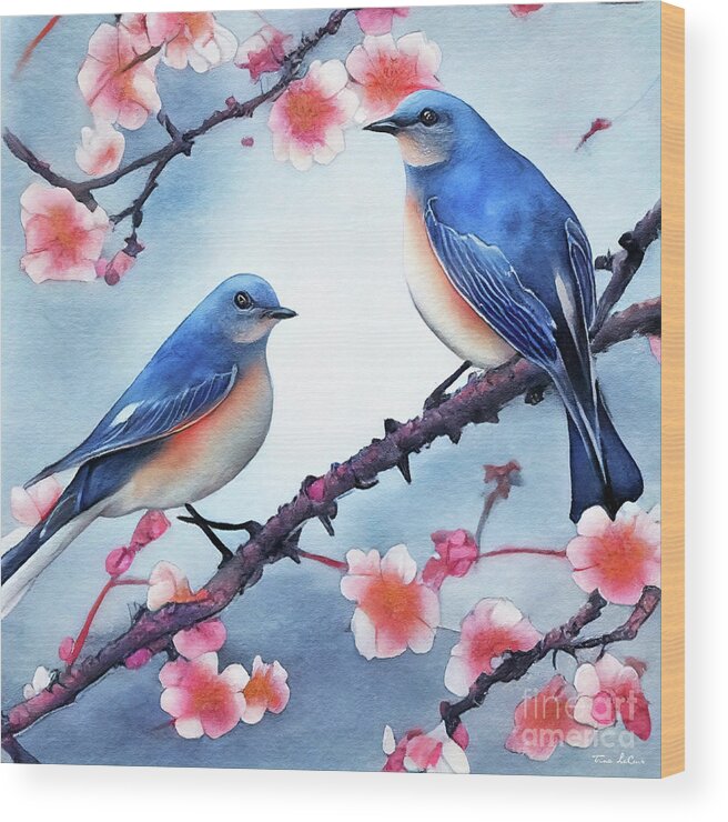 Bluebirds Wood Print featuring the painting Bluebirds Perched In The Blossoms by Tina LeCour