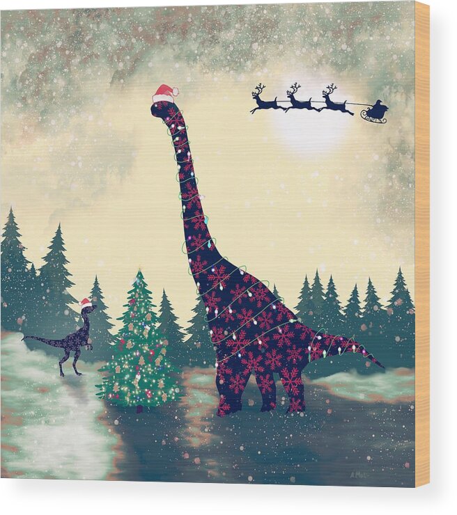 Christmas Wood Print featuring the digital art Brontosaurus and Velociraptor Christmas by Anastasiya Malakhova