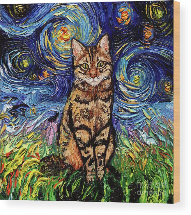 Brown Tabby Wood Print featuring the painting Brown Tabby Night by Aja Trier