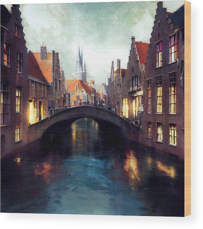 Belgium Wood Print featuring the painting Bruges, Belgium - 16 by AM FineArtPrints