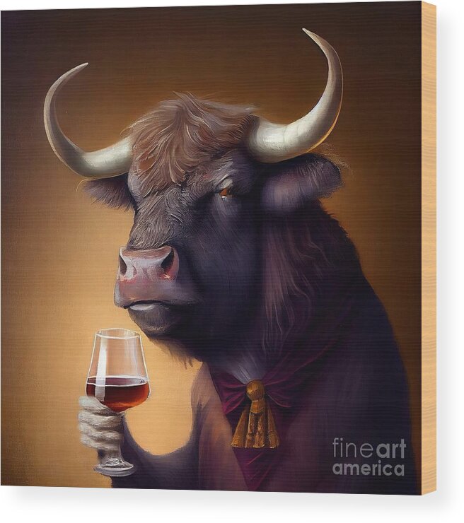 Ox Wood Print featuring the painting Bull Having Drink by N Akkash