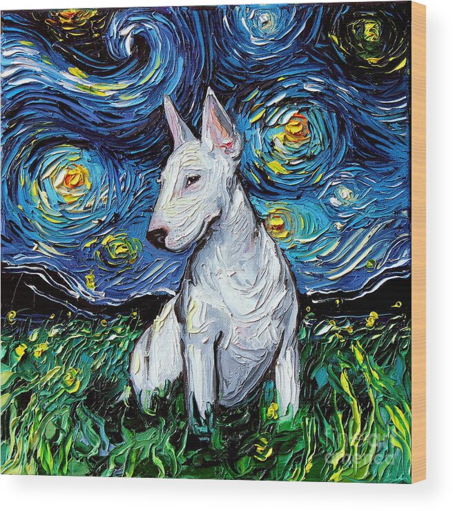 Terrier Wood Print featuring the painting Bull Terrier Night by Aja Trier