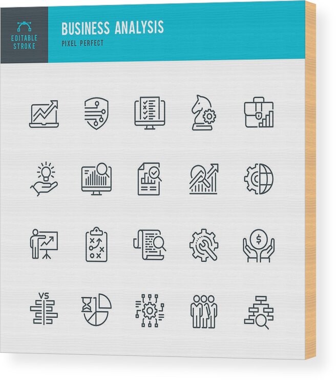 Technology Wood Print featuring the drawing Business Analysis - thin line vector icon set. Pixel perfect. Editable stroke. The set contains icons: Business Strategy, Big Data, Solution, Briefcase, Research, Data Mining, Accountancy. by Fonikum