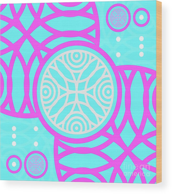 Abstract Wood Print featuring the mixed media Candy Bubblegum Geometric Glyph Art in Cyan Blue and Pink n.0126 by Holy Rock Design