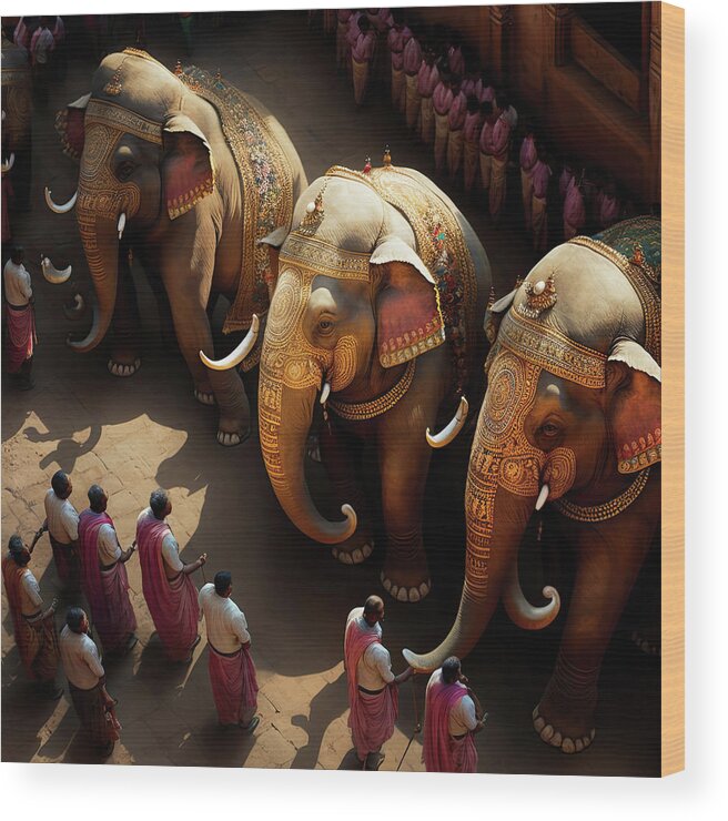 Generative Wood Print featuring the photograph Caparisoned elephants at Hindu temple festiva - #aYearForArt by Steve Estvanik