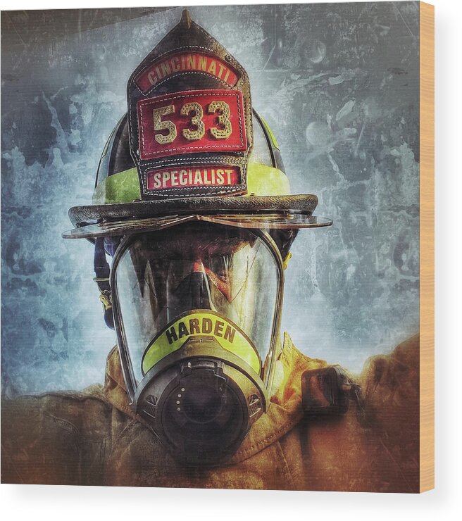 Firefighter Fireman Mask Fire Helmet Specialist Cincinnati Fire Department Wood Print featuring the photograph Car 533 by Al Harden