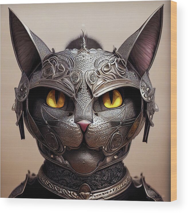 Cat Wood Print featuring the digital art Cat Knight Portrait 01 by Matthias Hauser