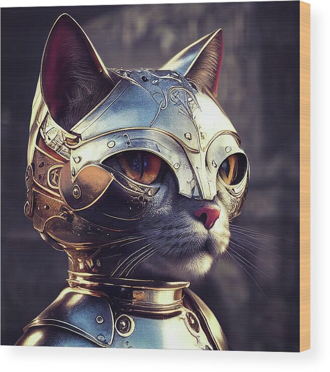 Cat Wood Print featuring the digital art Cat Knight Portrait 02 by Matthias Hauser