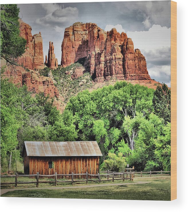 Sedona Wall Art Wood Print featuring the photograph Cathedral Rock Rustic Sedona Landscape by Gregory Ballos