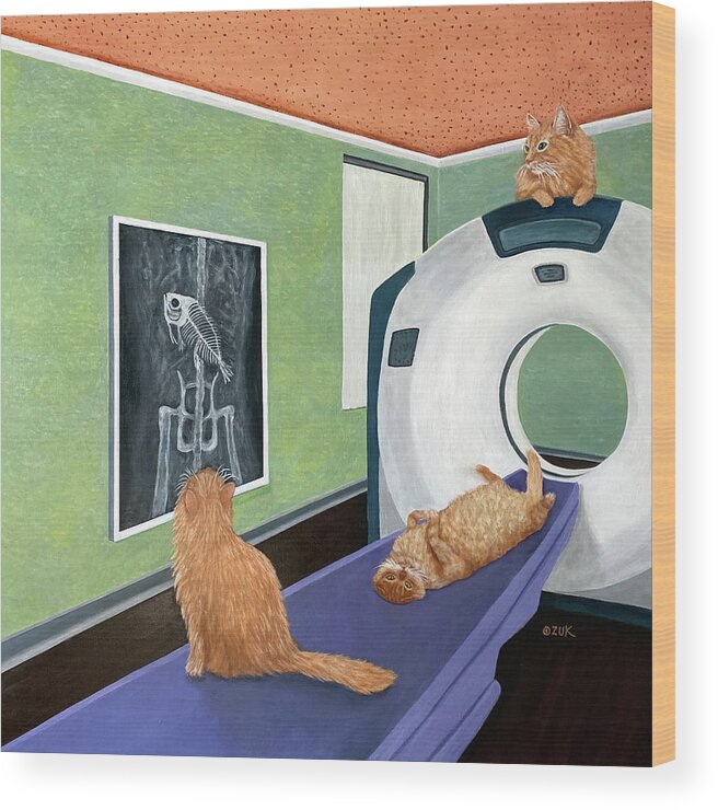 Cat Art Wood Print featuring the painting CAT Scan by Karen Zuk Rosenblatt