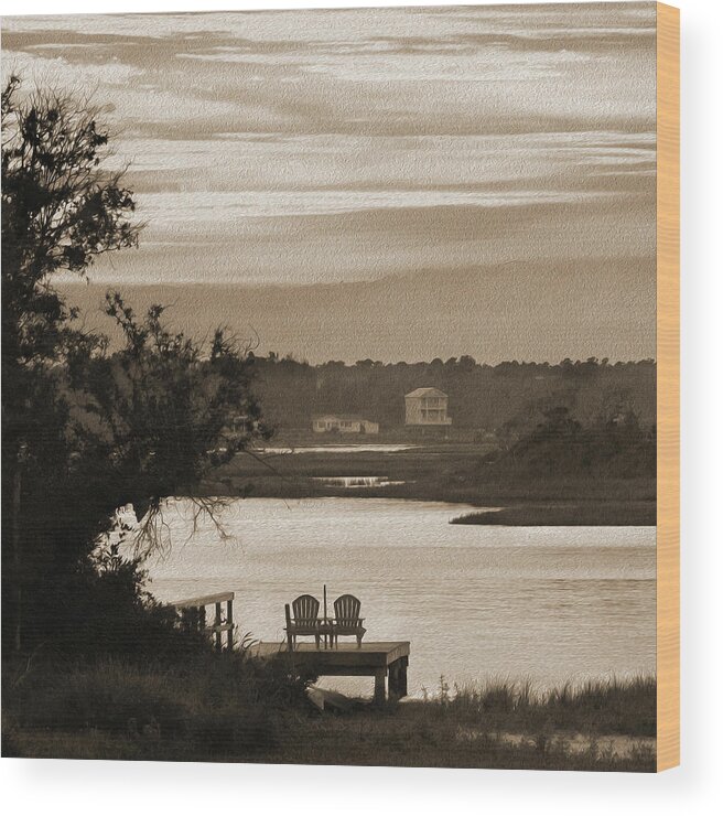 Beach Scene Wood Print featuring the photograph Chairs on a Dock by Mike McGlothlen