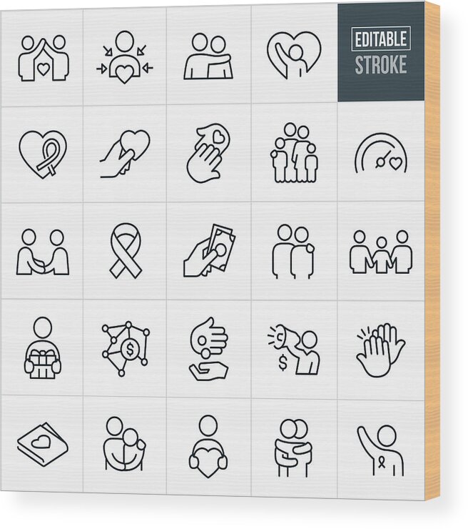 Charity Benefit Wood Print featuring the drawing Charitable Giving Line Icons - Editable Stroke by Appleuzr