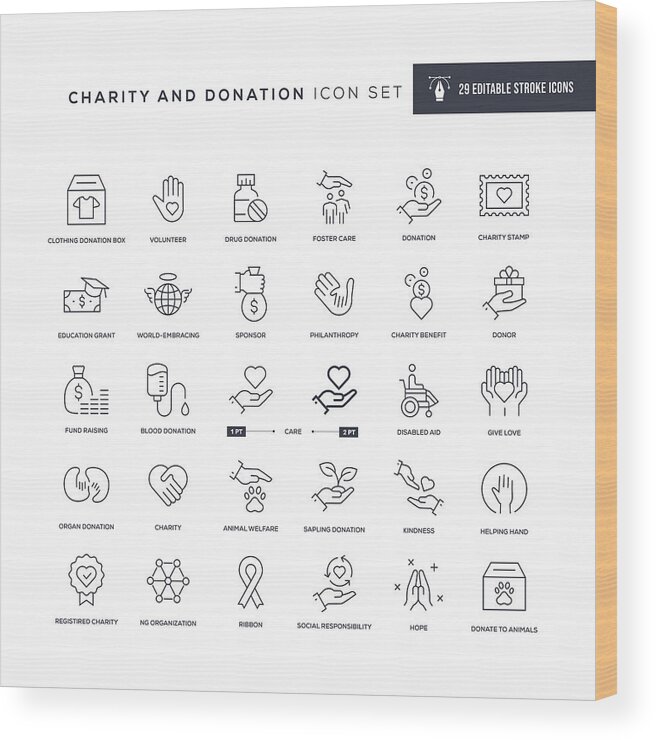 Charity Benefit Wood Print featuring the drawing Charity and Donation Editable Stroke Line Icons by Enis Aksoy