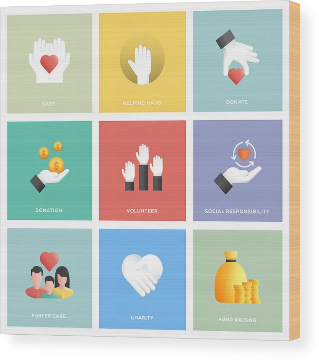 Charity Benefit Wood Print featuring the drawing Charity and Donation Icon Set by Enis Aksoy