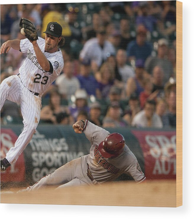 Catching Wood Print featuring the photograph Charlie Culberson and Martin Prado by Dustin Bradford