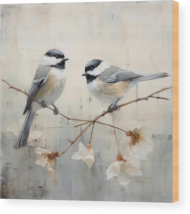 Chickadee Wood Print featuring the painting Chickadees in Serene Neutrals by Lourry Legarde