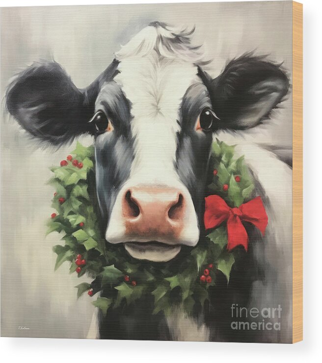 Cow Wood Print featuring the painting Christmas Cow Camille by Tina LeCour