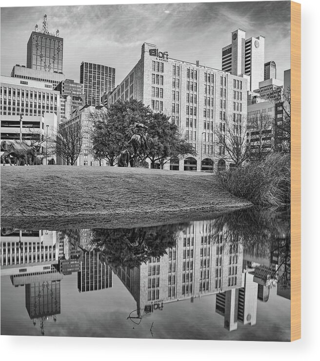 Dallas Texas Wood Print featuring the photograph Cityscape Reflections Of Dallas Texas - Black and White by Gregory Ballos