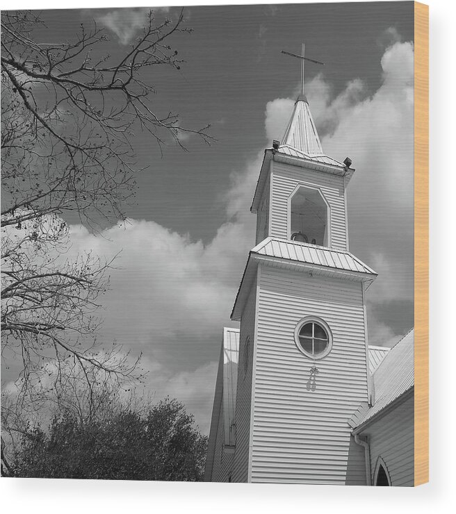 Bell Tower Wood Print featuring the photograph Classic White Steeple BW by Connie Fox