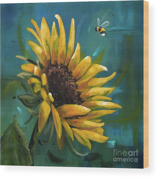 Summer Wood Print featuring the painting Cleared for Landing - Sunflower painting by Annie Troe
