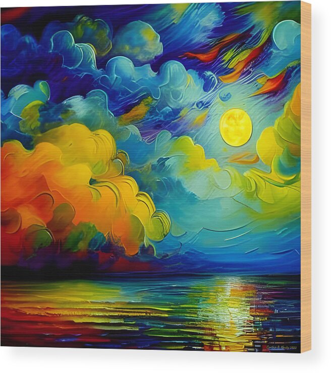 Newby Wood Print featuring the digital art Colorful Full Moon by Cindy's Creative Corner