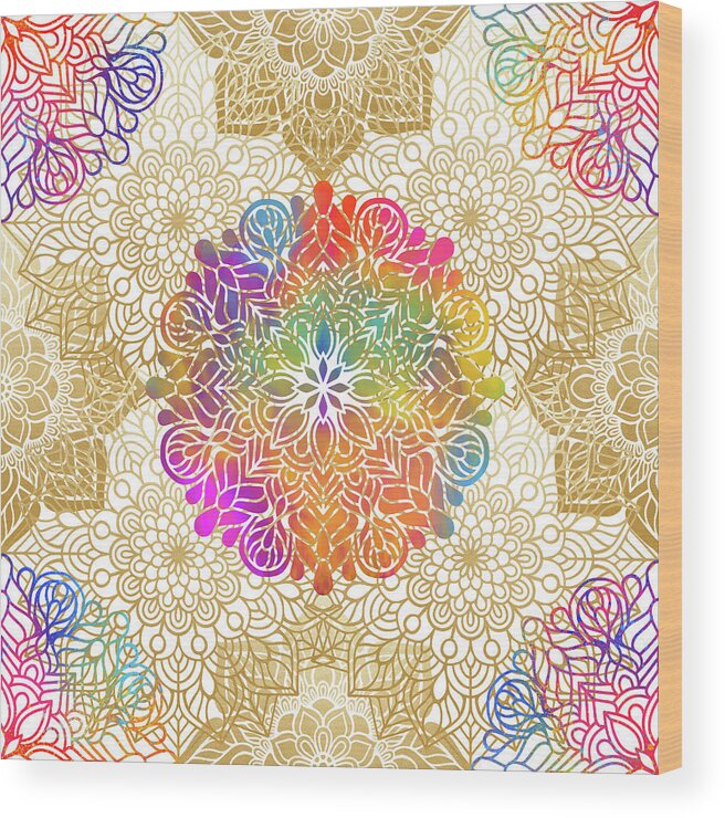Mandala Wood Print featuring the digital art Colorful Gold Mandala Pattern by Sambel Pedes
