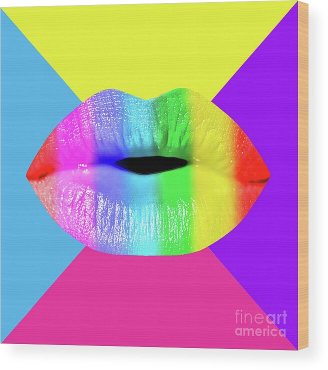 Lips Wood Print featuring the mixed media Colorful Lips Mask - Rainbow by Chris Andruskiewicz