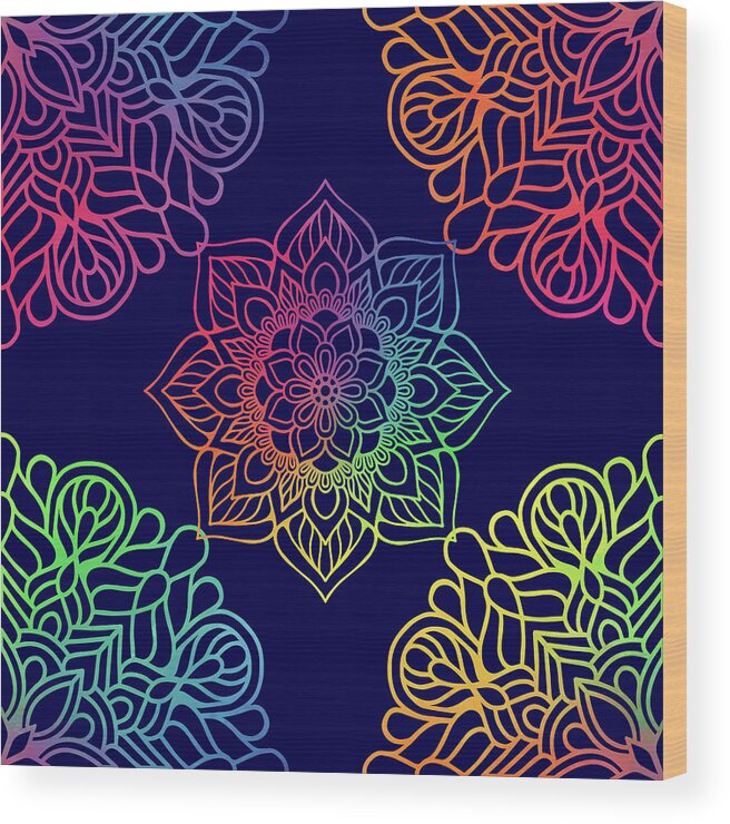 Mandala Wood Print featuring the digital art Colorful Mandala Pattern In Blue Background by Sambel Pedes