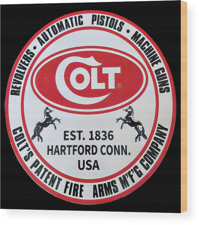 Colt Wood Print featuring the photograph Colt Firearms vintage sign by Flees Photos