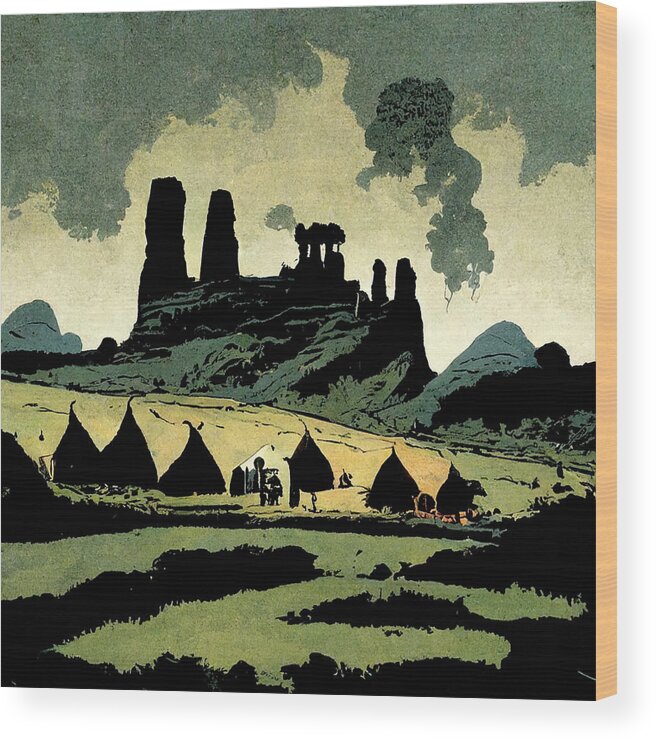 Nature Wood Print featuring the painting Comic Iron Age Grim  Dark Wildlands With Caravan Lands 17b1cb41 Ff17 4ca4 81ba 8ad684c by MotionAge Designs