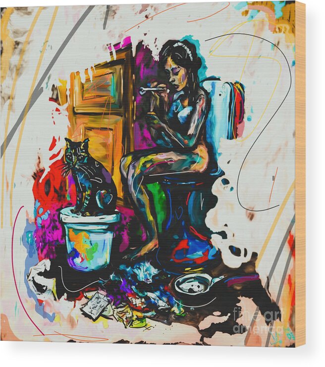 Woman Wood Print featuring the painting Company in the rest room Art Print by Crystal Stagg