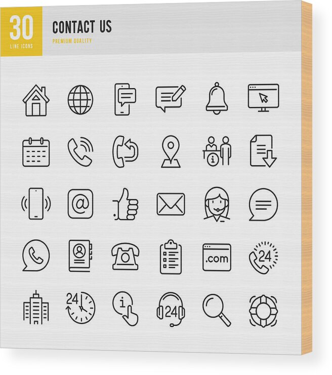 Stroking Wood Print featuring the drawing Contact Us - thin line vector icon set. Pixel Perfect. Set contains such icons as Home, Location, Feedback, Message, Support, Office, Mail. by Fonikum
