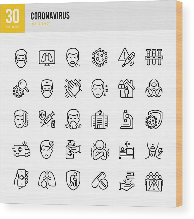 Ambulance Wood Print featuring the drawing CORONAVIRUS - thin line vector icon set. Pixel perfect. The set contains icons: Coronavirus, Sneezing, Coughing, Doctor, Fever, Quarantine, Cold And Flu, Face Mask, Vaccination. by Fonikum