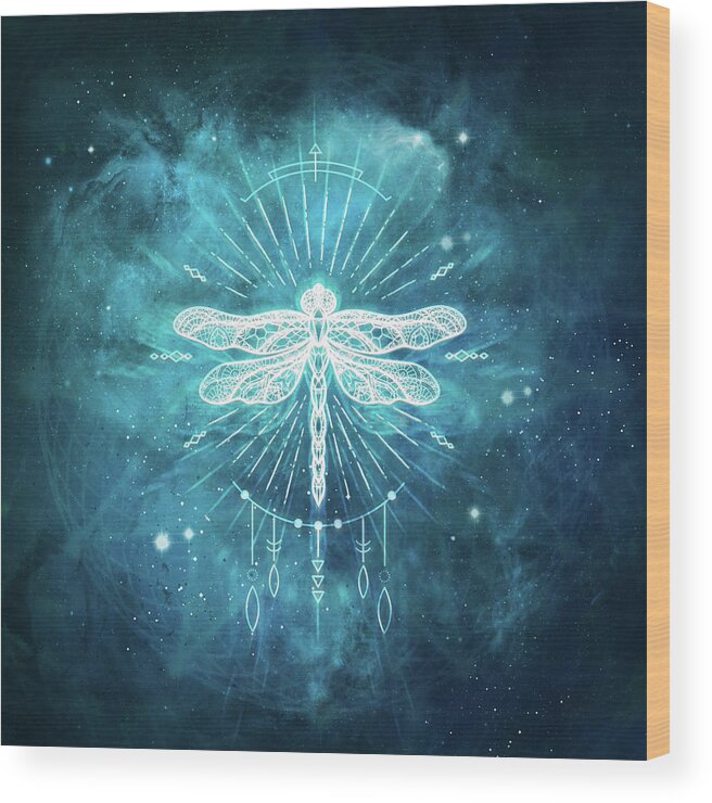 Dragonfly Wood Print featuring the digital art Cosmic Boho Dragonfly by Laura Ostrowski