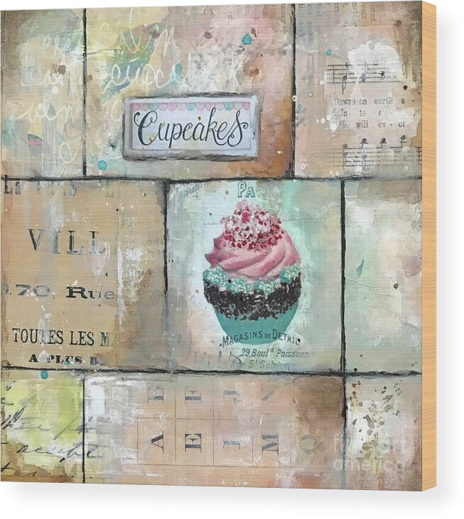 Cupcake Wood Print featuring the painting Kitchen art with cupcake theme #1 by Diane Fujimoto