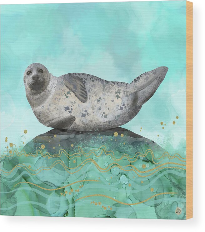 Freshwater Seal Wood Print featuring the digital art Cute Alaskan Iliamna Seal in Banana Pose by Andreea Dumez