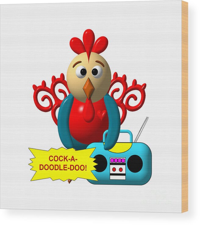 Cute Critters With Heart Rooster And Radio Wood Print featuring the digital art Cute Critters With Heart Rooster and Radio by Rose Santuci-Sofranko