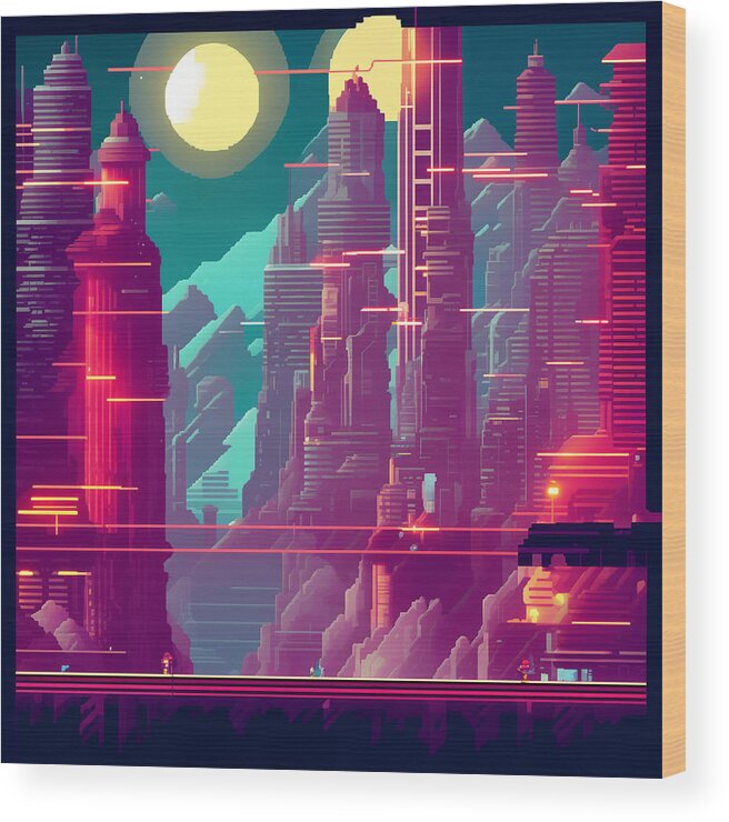 Pixel Wood Print featuring the digital art Cyber city by Quik Digicon Art Club