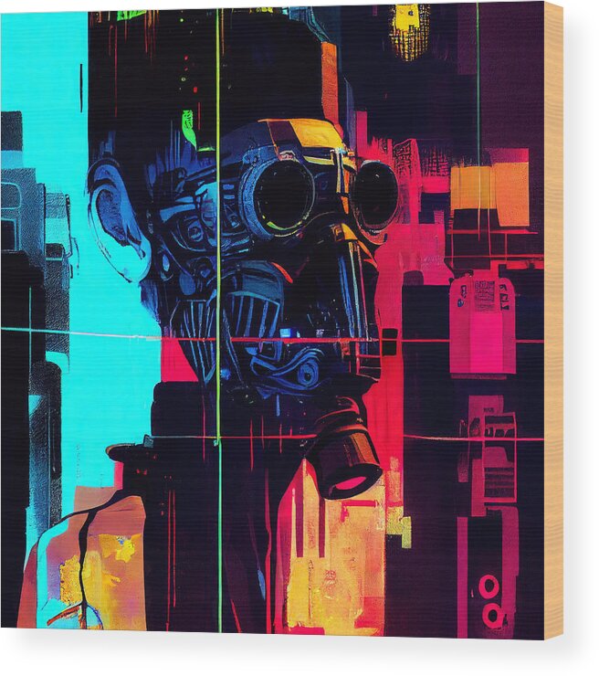 Robot Wood Print featuring the painting Cyberpunk Society, 02 by AM FineArtPrints