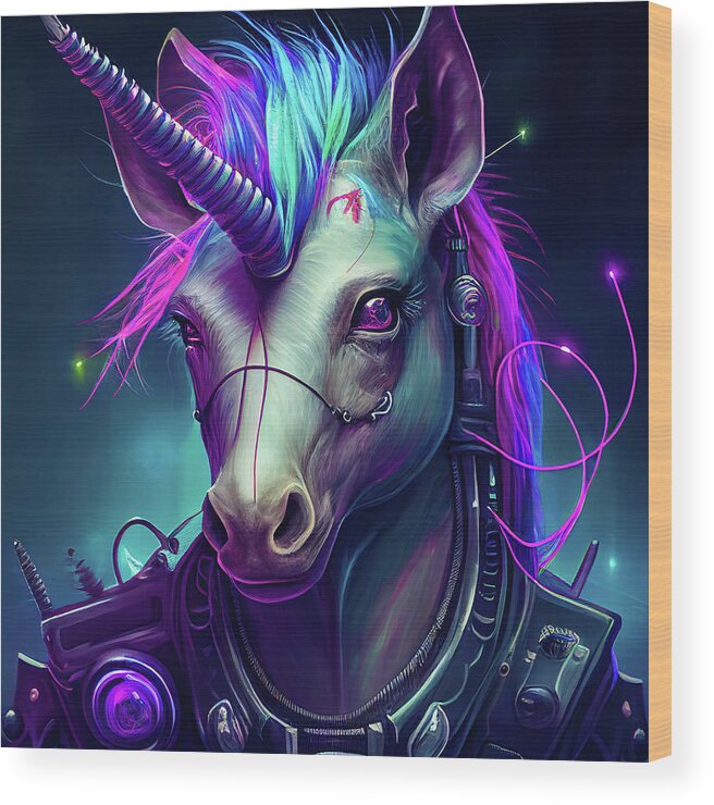 Unicorn Wood Print featuring the digital art Cyberpunk Unicorn Portrait 01 by Matthias Hauser