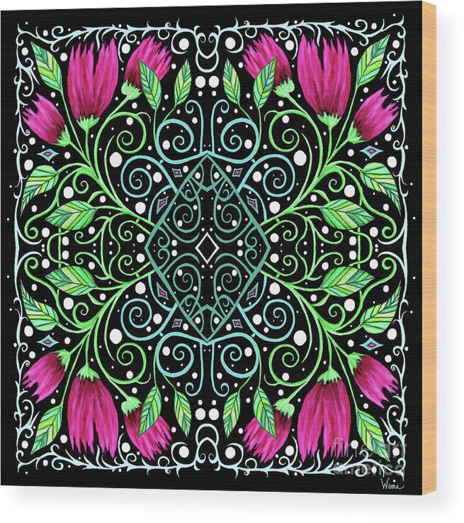 Lise Winne Wood Print featuring the mixed media Dancing Tulips and Leaves with Ornate Gate Work by Lise Winne