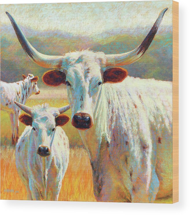 Cow Wood Print featuring the pastel Dawn of a Texan Dynasty by Rita Kirkman