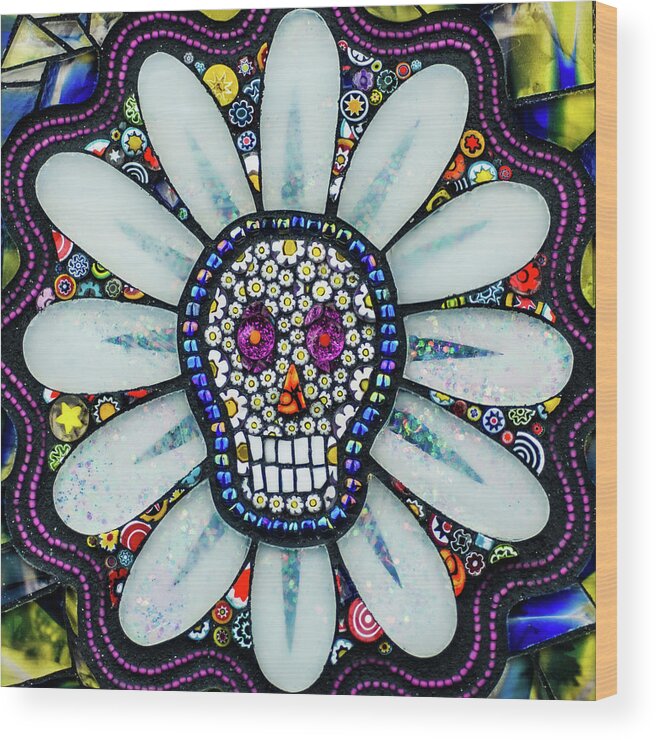 Day Of The Dead Wood Print featuring the glass art Day of the Dead Daisy by Cherie Bosela