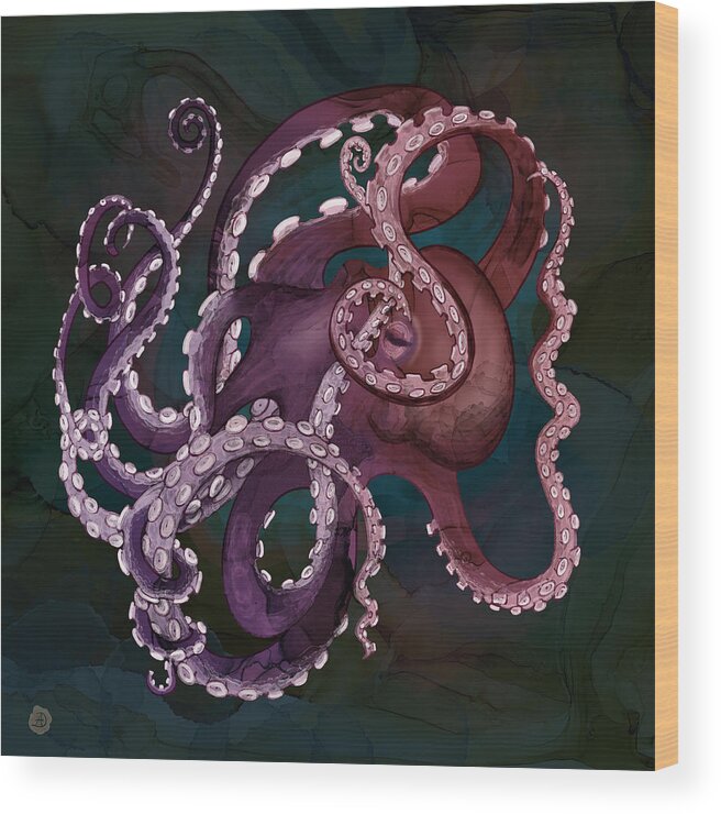 Deep Ocean Wood Print featuring the digital art Deep Sea Purple Octopus by Andreea Dumez