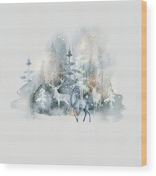 Deer Wood Print featuring the painting Deer In The Magical Forest by Johanna Hurmerinta