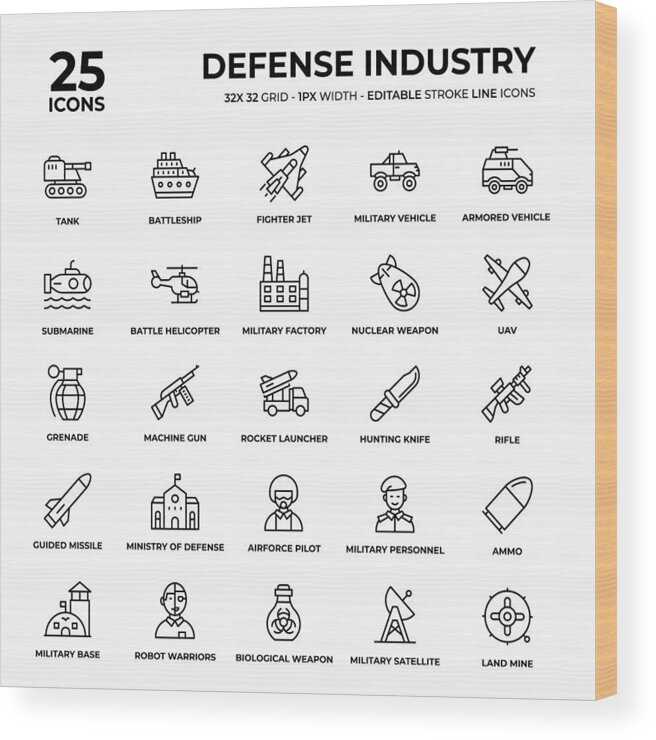 Thin Wood Print featuring the drawing Defense Industry Line Icon Set by StudioU