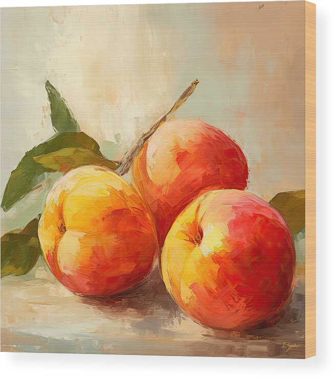 Peaches Artwork Wood Print featuring the painting Three Peaches - Peaches Art by Lourry Legarde