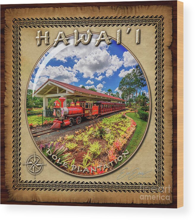 Dole Plantation Train Wood Print featuring the photograph Dole Plantation Train Sphere Image with Hawaiian Style Border by Aloha Art