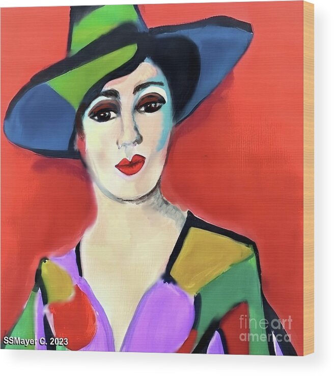 Contemporary Art Wood Print featuring the digital art Donna with Hat by Stacey Mayer
