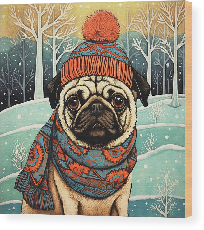 Pug Wood Print featuring the digital art Dougie the Pug in Winter by Peggy Collins
